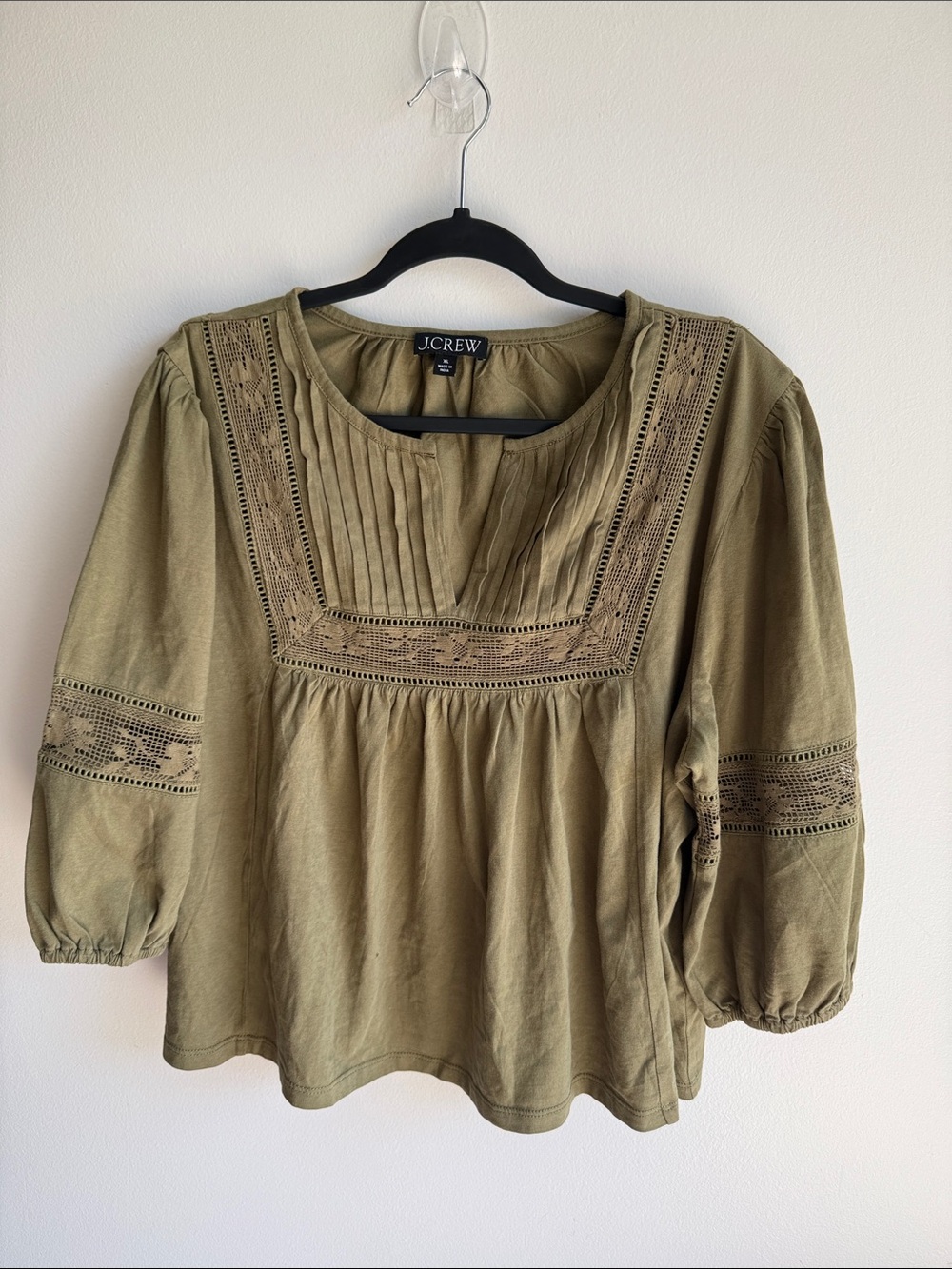 J. Crew Olive Green Embroidered Pintuck Peasant Blouse